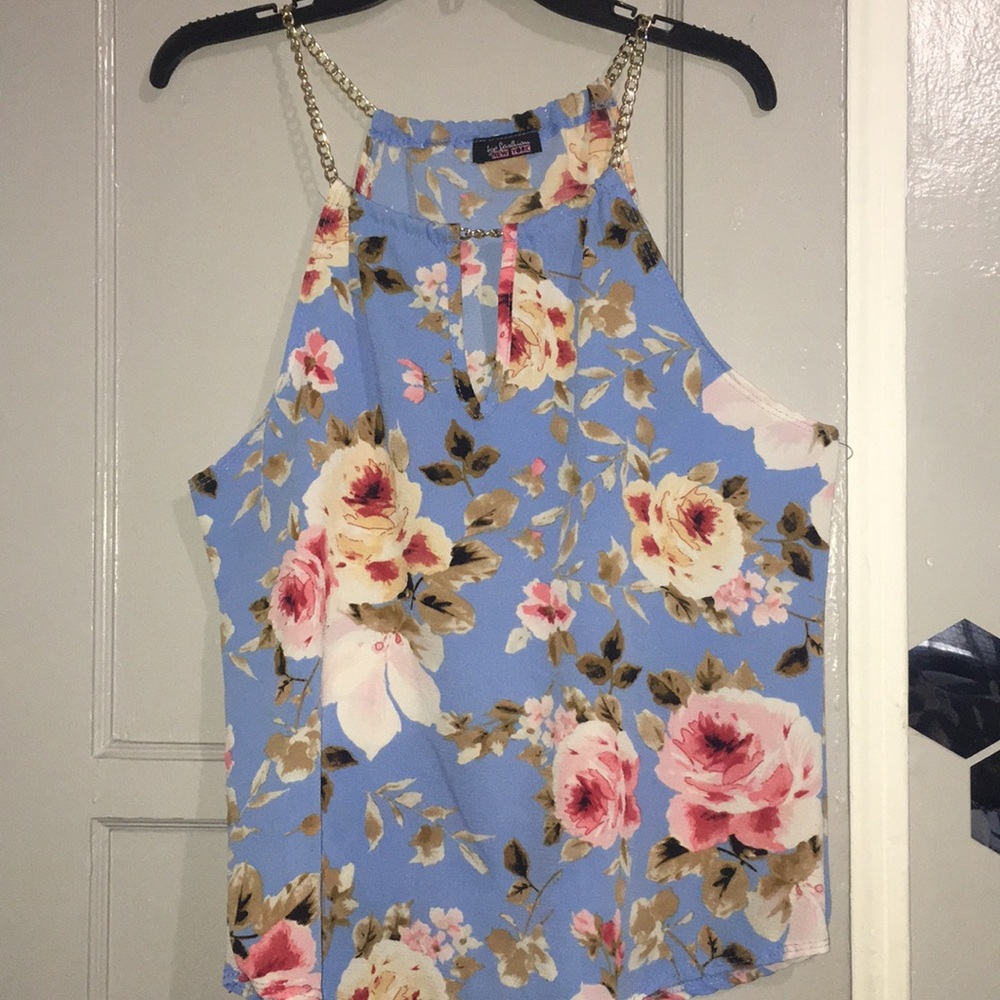 blue sleeveless floral top with chain straps
